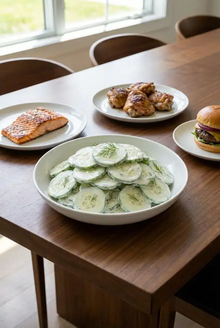 A serving of High-Protein Creamy Cucumber Salad in a small bowl, enjoyed outdoors as a healthy summer side dish.