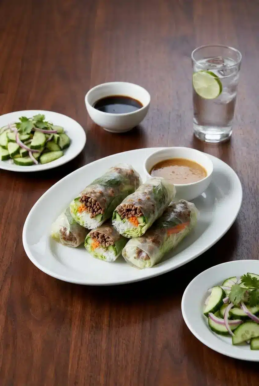A platter of finished Thai Basil Beef Spring Rolls Recipe served with a small bowl of sweet chili dipping sauce for a party.