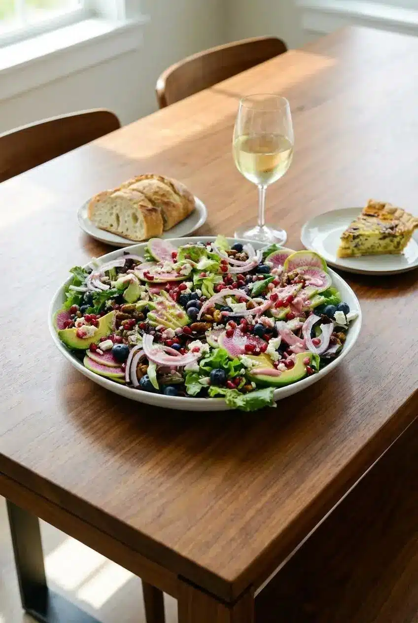 Tossing the Blueberry Pistachio Spring Salad with hot honey pomegranate vinaigrette in a large white bowl before serving.