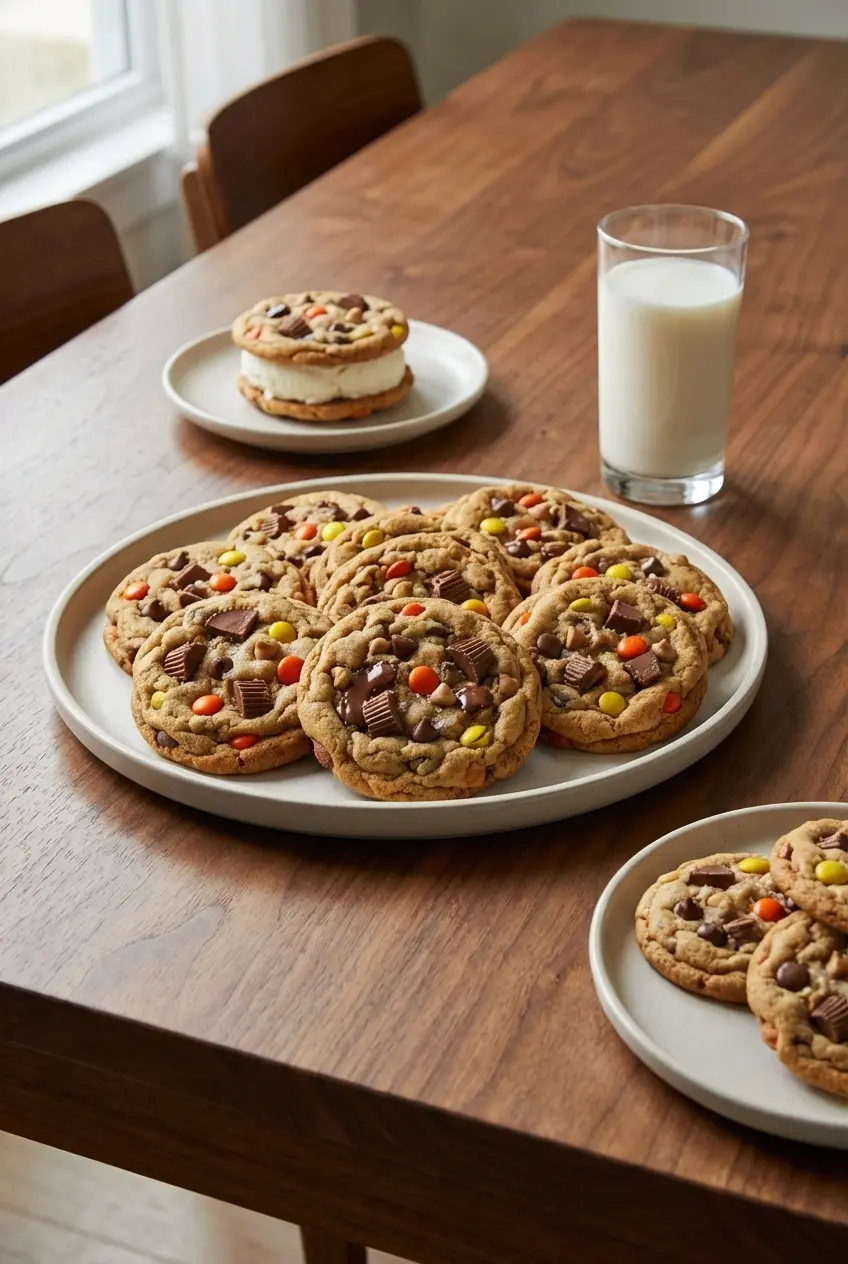 Triple Reese’s Peanut Butter Cookies arranged on parchment paper for easy serving and storage.