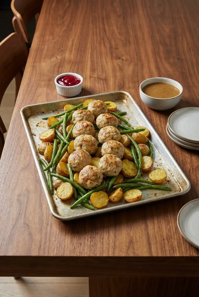 A platter of turkey and stuffing meatballs garnished with parsley, served with small bowls of gravy and cranberry sauce for dipping.