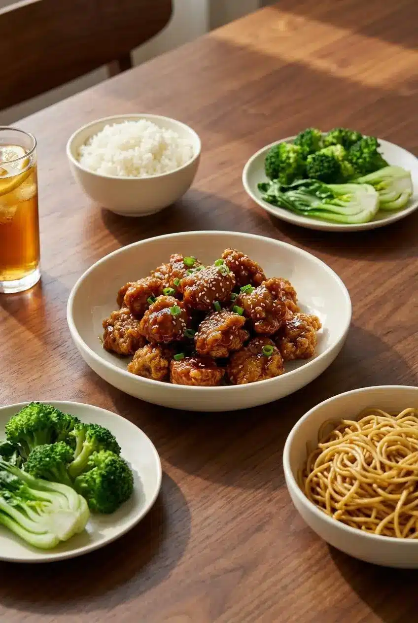 A serving of the Sesame Chicken Recipe in a white bowl with rice and steamed broccoli, ready for an easy weeknight dinner.