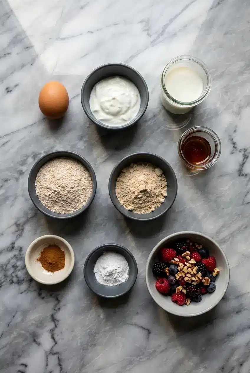 Ingredients for a protein pancake bowl, including cottage cheese, oat flour, protein powder, and an egg, laid out on a counter.