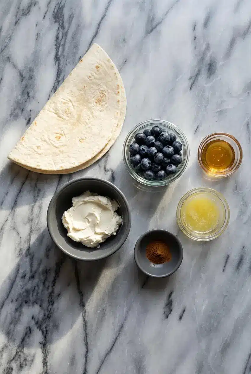 Ingredients for a blueberry breakfast quesadilla, including a flour tortilla, fresh blueberries, cream cheese, and a stick of butter.