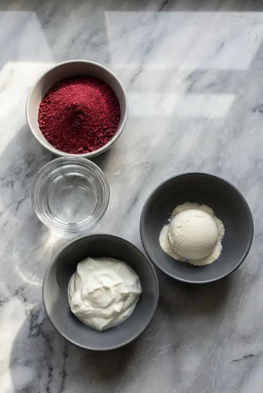 Ingredients for High Protein Jello Mousse laid out, including Sugar-Free Jello, Greek Yogurt, unflavored whey protein, and gelatin.