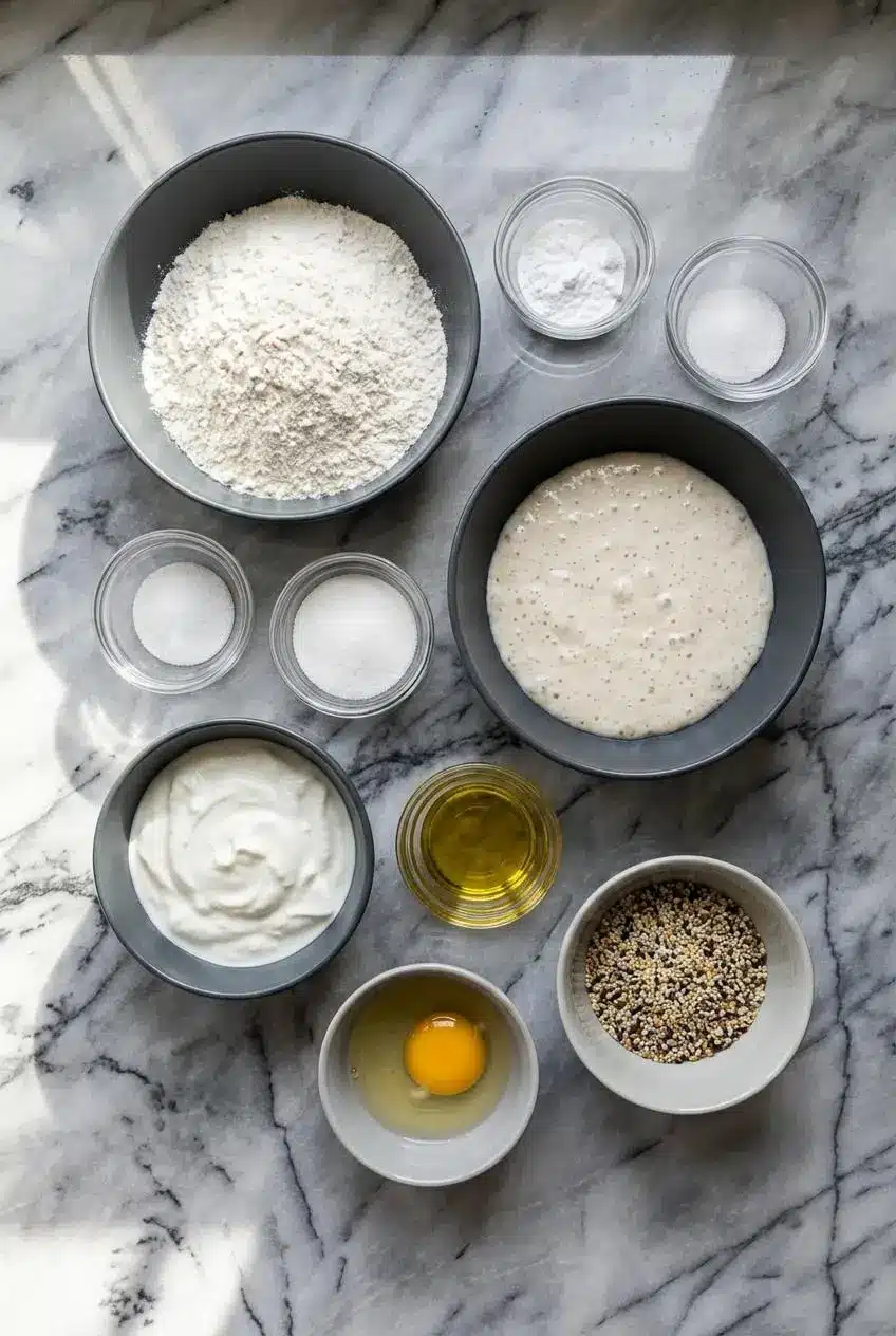 Ingredients for Sourdough Discard Protein Bagels with Greek Yogurt laid out, including flour, Greek yogurt, and sourdough discard.