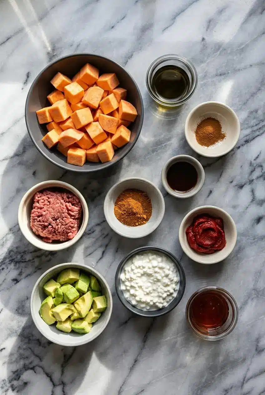 Ingredients for the hot honey cottage cheese sweet potato beef bowl laid out, including ground beef, a sweet potato, cottage cheese, and an avocado.