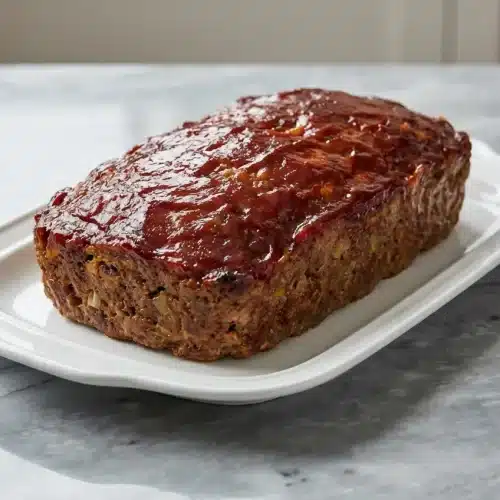 A whole Stuffing Meatloaf with a thick, caramelized smoked paprika glaze, resting in a baking pan before being sliced.