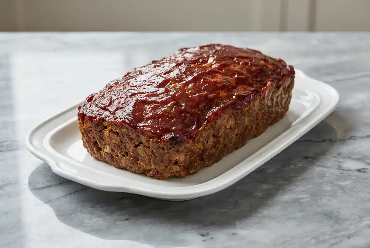 A whole Stuffing Meatloaf with a thick, caramelized smoked paprika glaze, resting in a baking pan before being sliced.