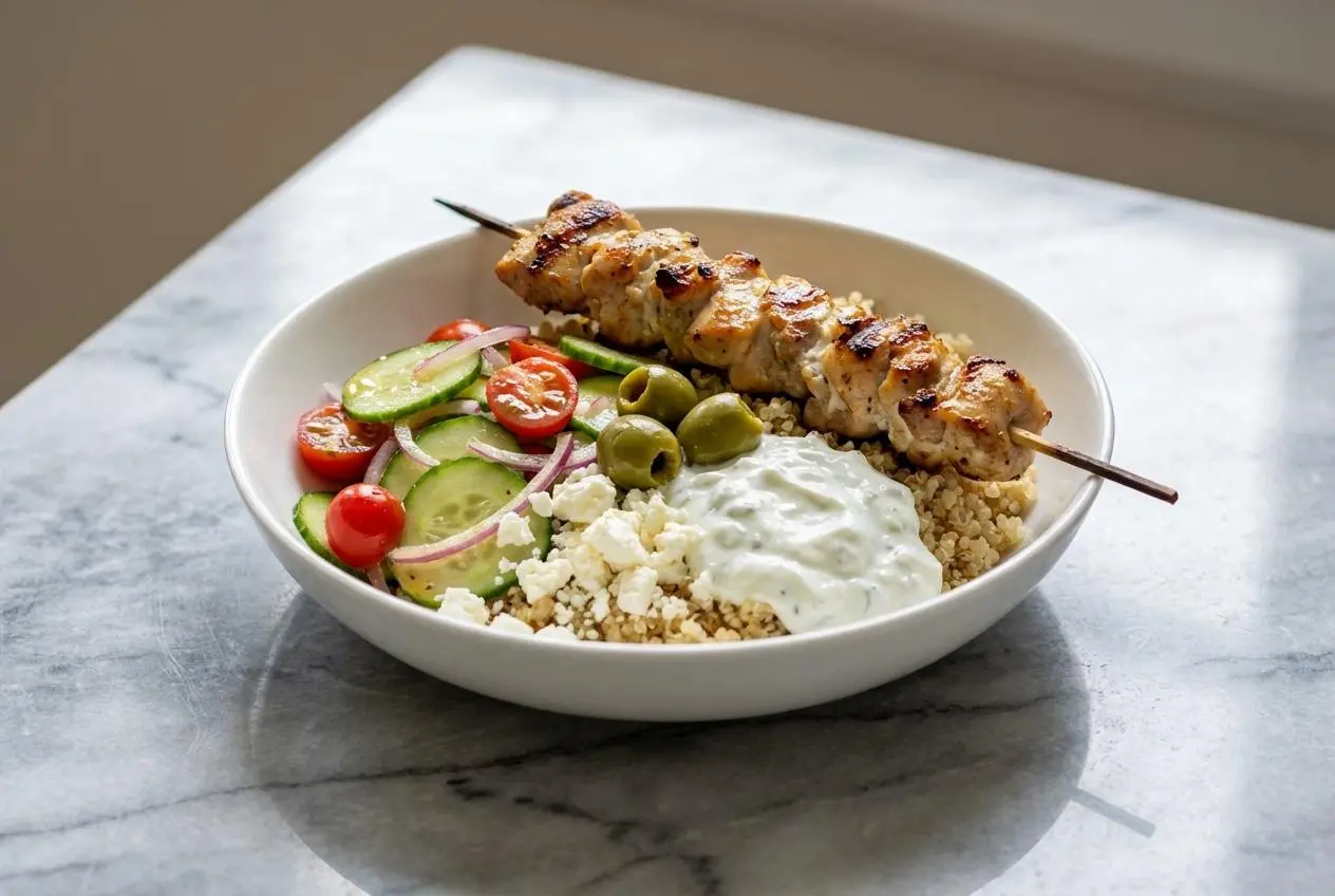 A chicken gyro bowl with smoky paprika-spiced chicken, quinoa, fresh cucumbers, tomatoes, feta cheese, and a dollop of tzatziki.