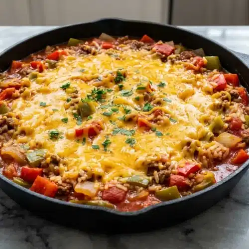 A cast iron skillet filled with savory Unstuffed Peppers, featuring ground beef, bell peppers, and melted cheese with a smoky flavor.