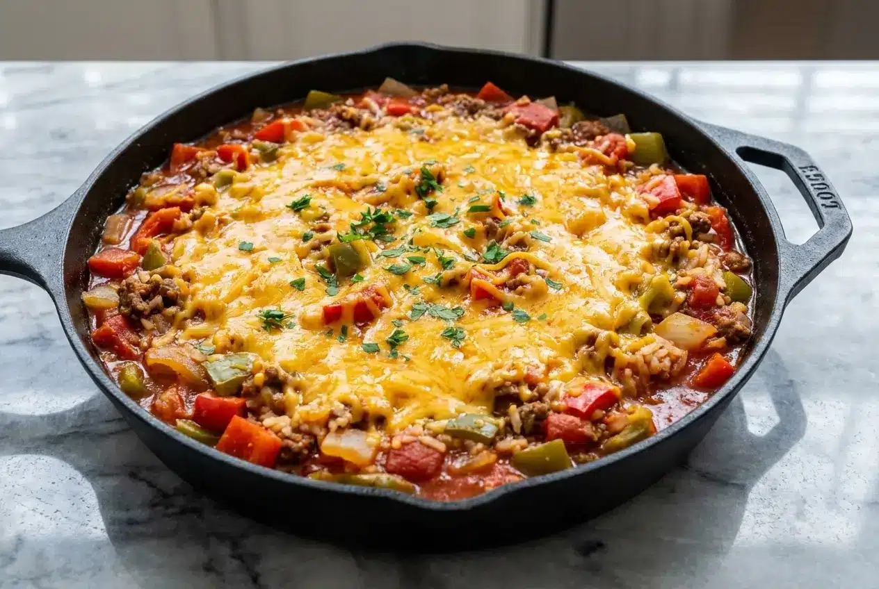 A cast iron skillet filled with savory Unstuffed Peppers, featuring ground beef, bell peppers, and melted cheese with a smoky flavor.