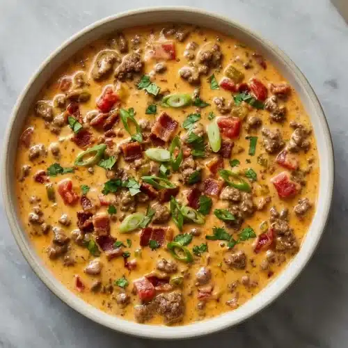 A cast iron skillet of smoky rotel dip recipe, showing creamy melted cheese and ground beef, served with tortilla chips for dipping.