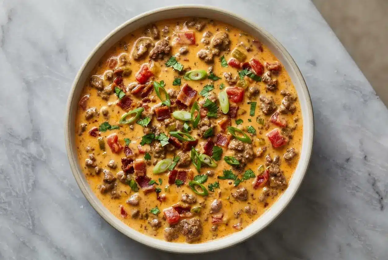 A cast iron skillet of smoky rotel dip recipe, showing creamy melted cheese and ground beef, served with tortilla chips for dipping.