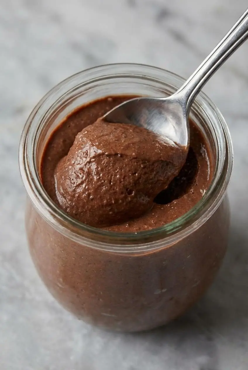 A close-up on a spoon scooping thick, smooth high protein chocolate chia pudding from a jar, showing its blended, velvety consistency.