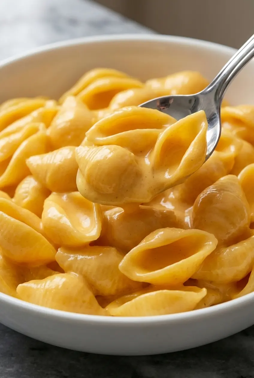 A close-up of a spoonful of Shells and Cheese, showing the glossy, perfectly smooth cheese sauce coating each piece of pasta.