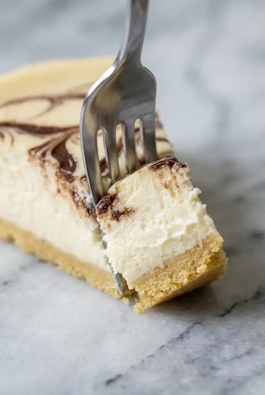 A close-up view showing the dense and perfectly smooth texture of the baked protein cheesecake, highlighting its flawless, creamy top.