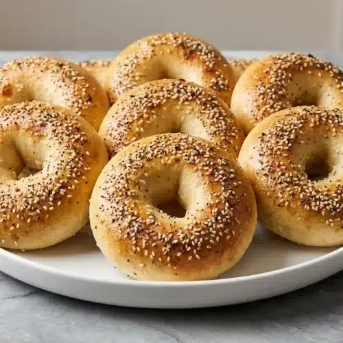 A stack of golden Sourdough Discard Protein Bagels with Greek Yogurt, showing a shiny, chewy crust from the optional boiling step.