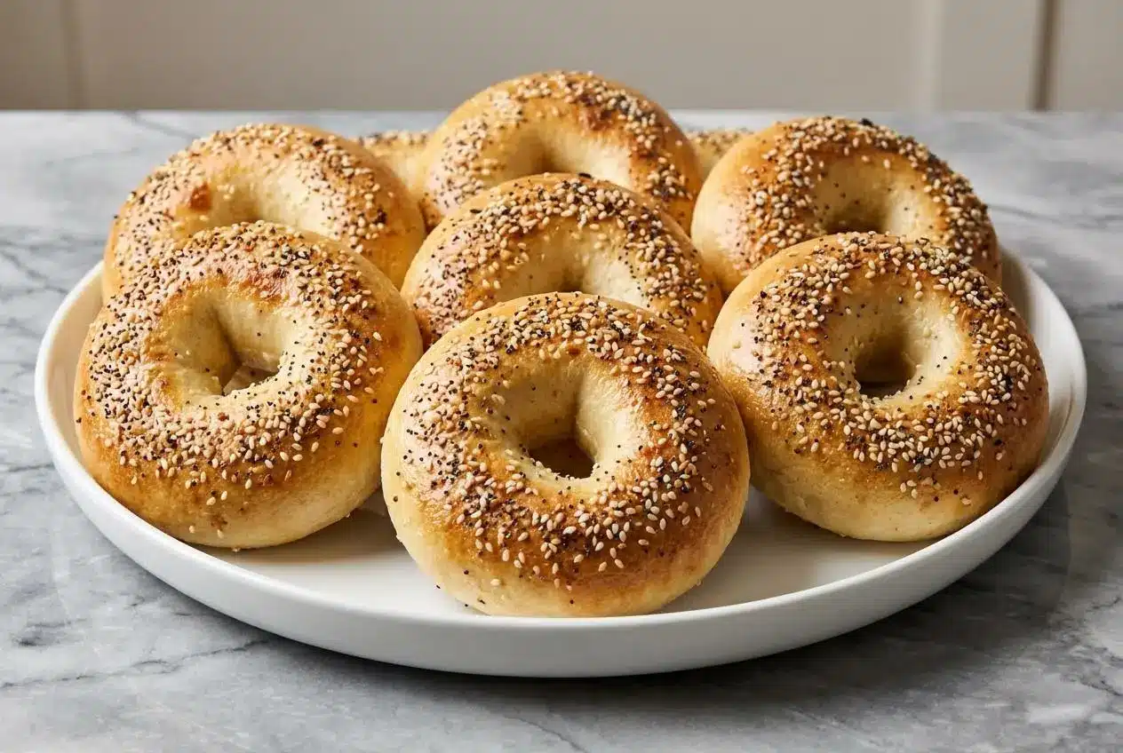 A stack of golden Sourdough Discard Protein Bagels with Greek Yogurt, showing a shiny, chewy crust from the optional boiling step.