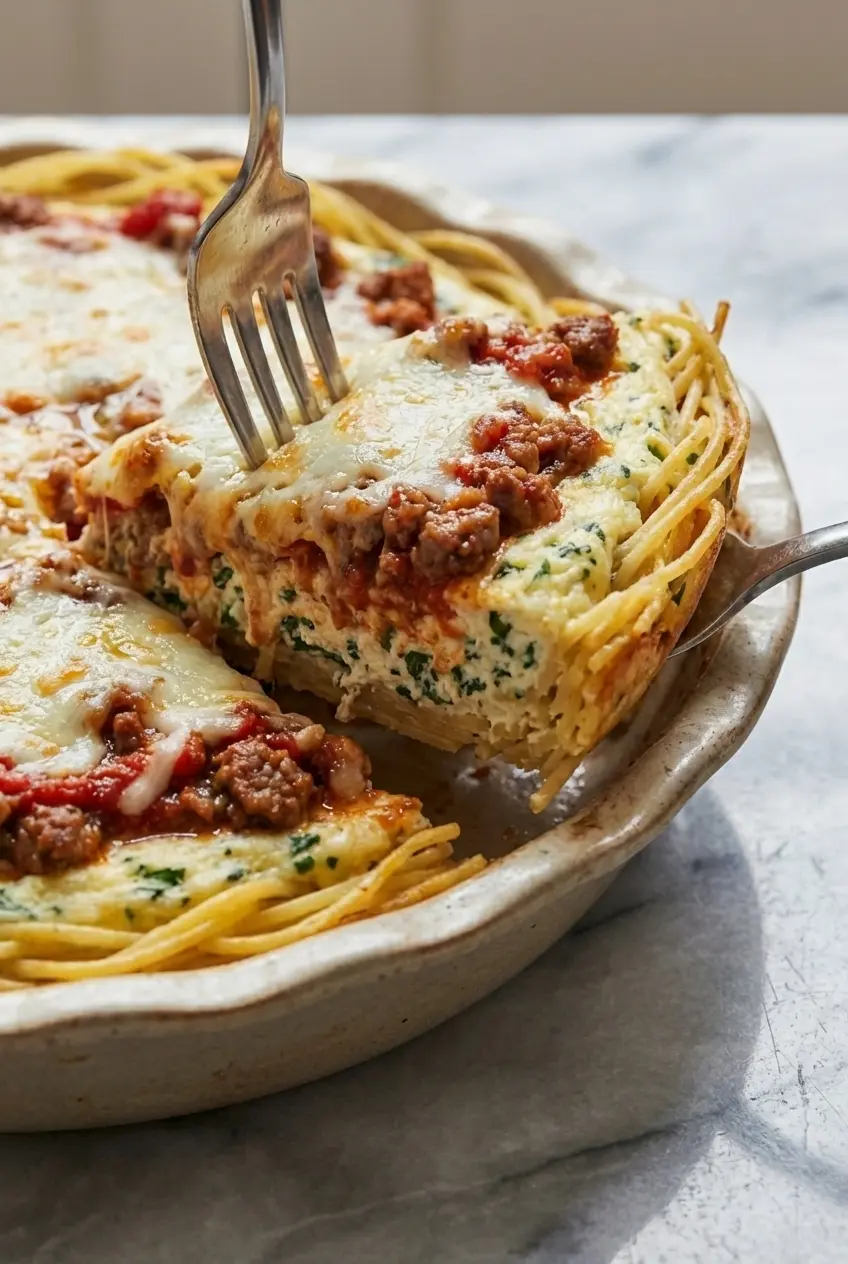 A close-up of the golden, par-baked spaghetti crust in a pie plate, ready for the rich meat sauce and cheese filling for our Spaghetti Pie.