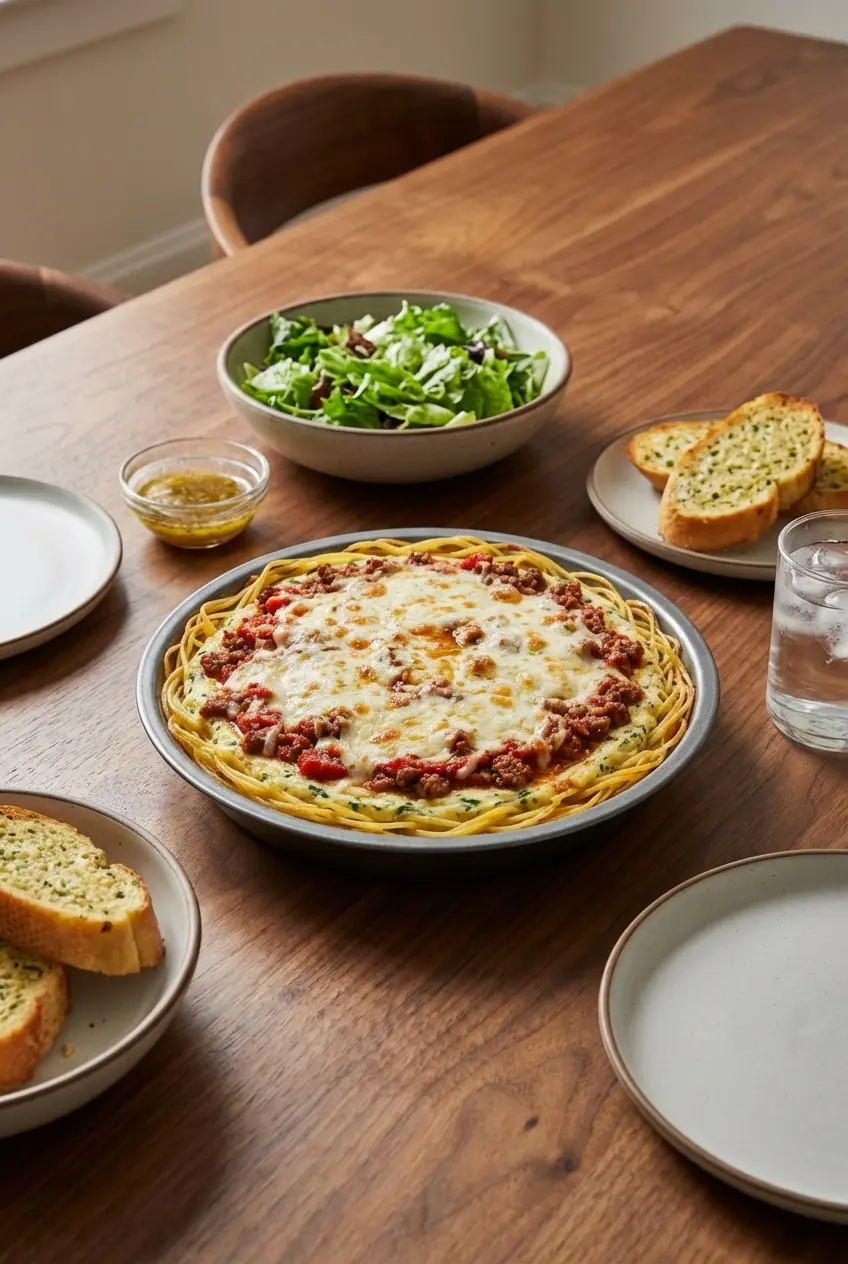 A whole Spaghetti Pie in its pie plate on a dinner table, ready to be served for a casual family meal.