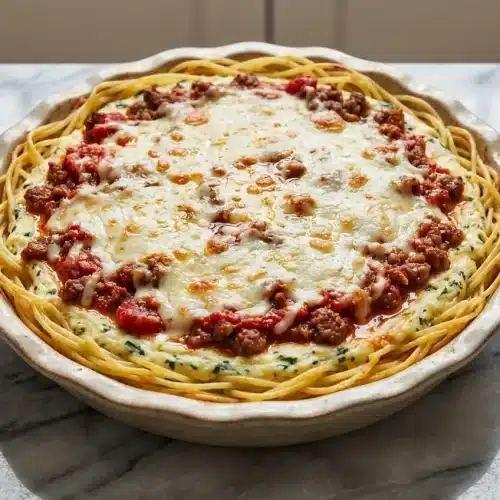 A golden-brown slice of Spaghetti Pie on a white plate, showing a firm, par-baked spaghetti crust holding a rich meat sauce and cheese.
