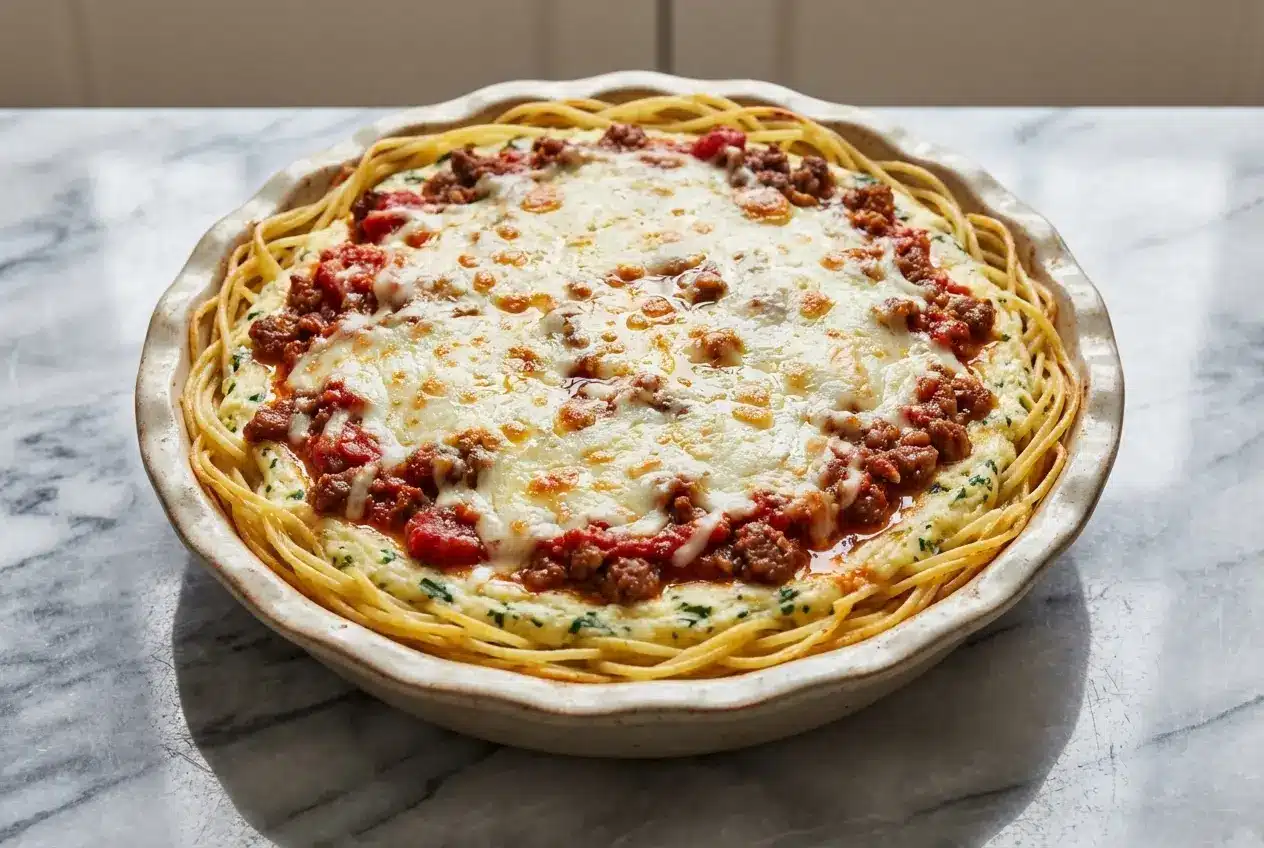 A golden-brown slice of Spaghetti Pie on a white plate, showing a firm, par-baked spaghetti crust holding a rich meat sauce and cheese.