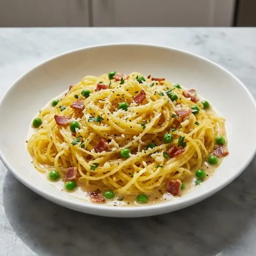 A white bowl filled with spaghetti squash carbonara, featuring crispy pancetta and peas in a creamy sauce made with nutty brown butter.