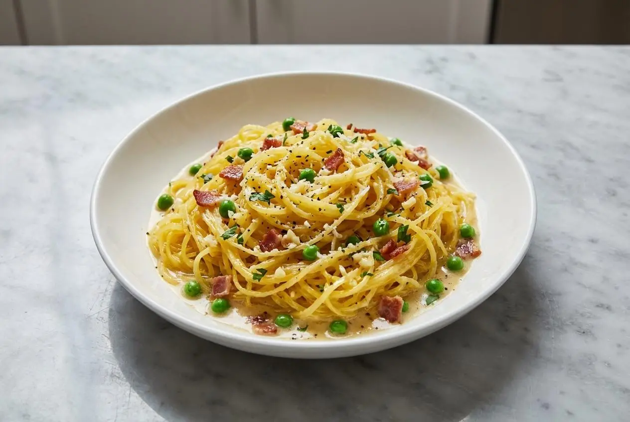 A white bowl filled with spaghetti squash carbonara, featuring crispy pancetta and peas in a creamy sauce made with nutty brown butter.