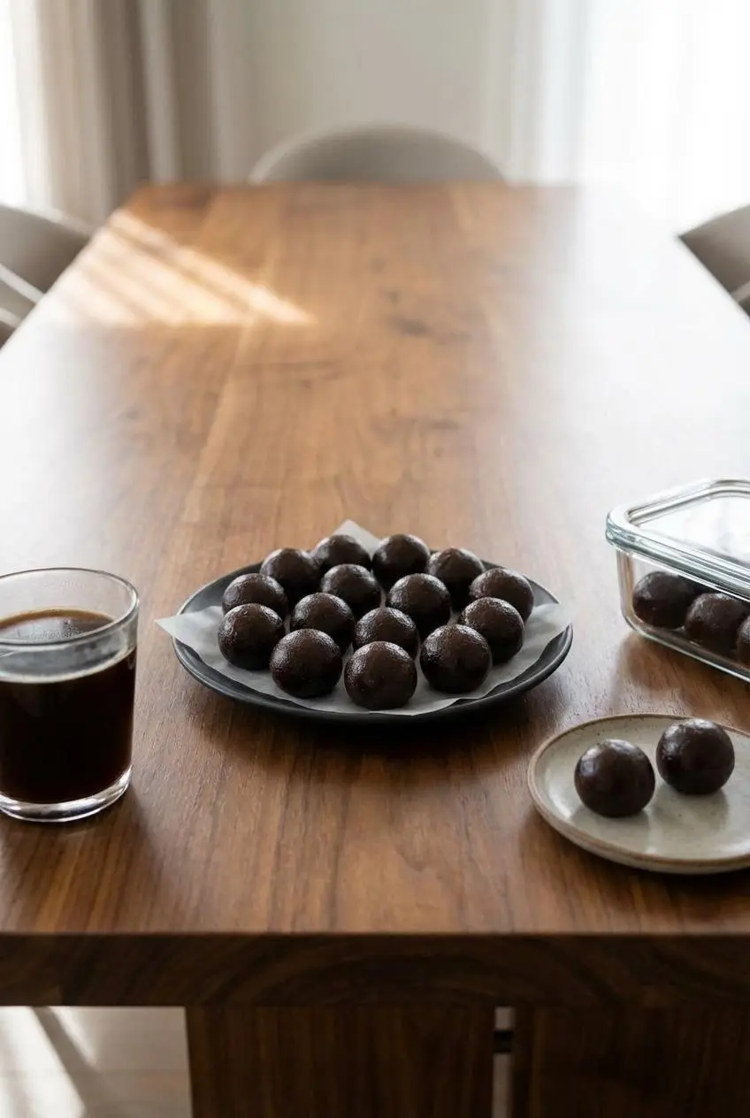 A batch of finished brownie protein bites stored in a clear glass container, ready for a week of healthy snacking.