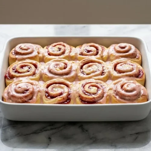 A pan of golden brown Strawberry Cheesecake Sweet Rolls, sliced to show the creamy cheesecake filling and swirls of strawberry.