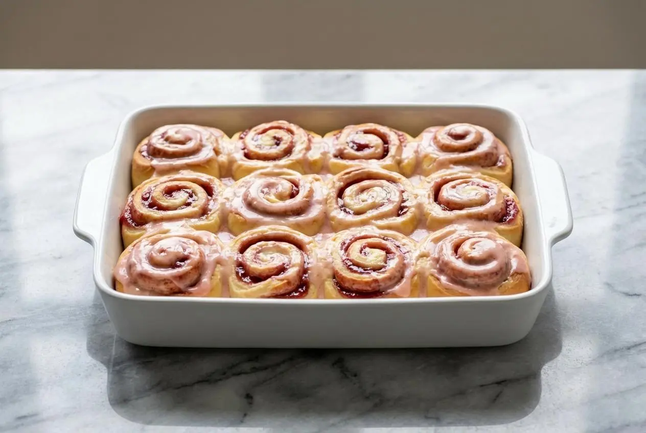 A pan of golden brown Strawberry Cheesecake Sweet Rolls, sliced to show the creamy cheesecake filling and swirls of strawberry.