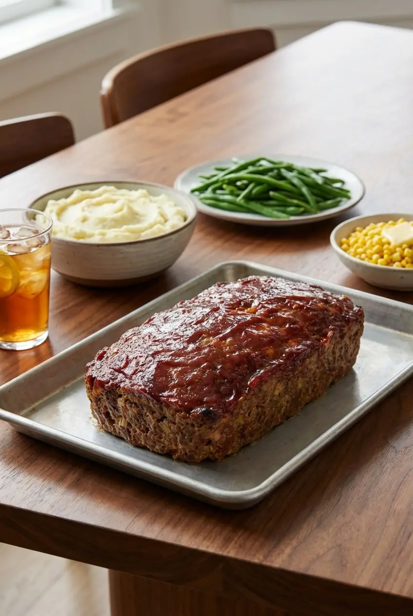 A slice of Stuffing Meatloaf on a white plate, served alongside creamy mashed potatoes and fresh green beans for a complete meal.