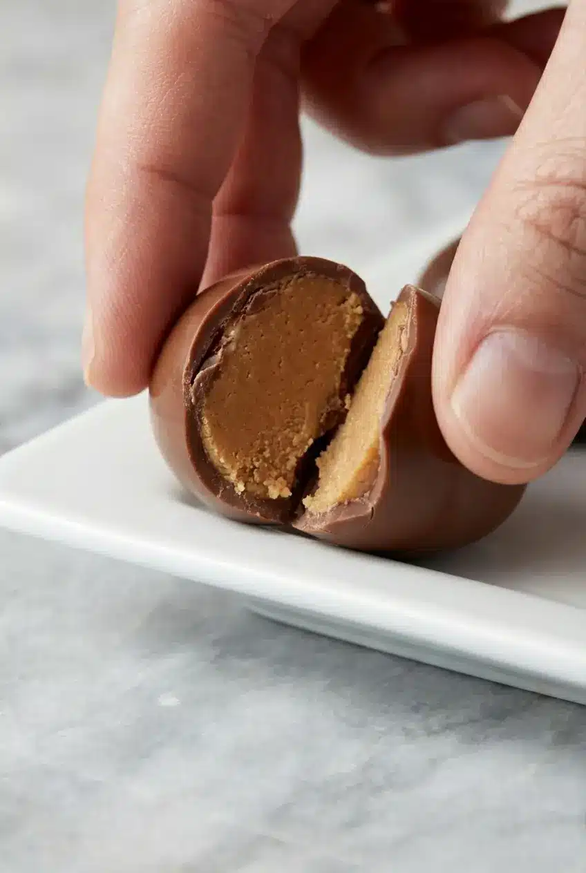 Close-up of a peanut butter egg recipe showing glossy tempered chocolate and a sandy, malted interior.