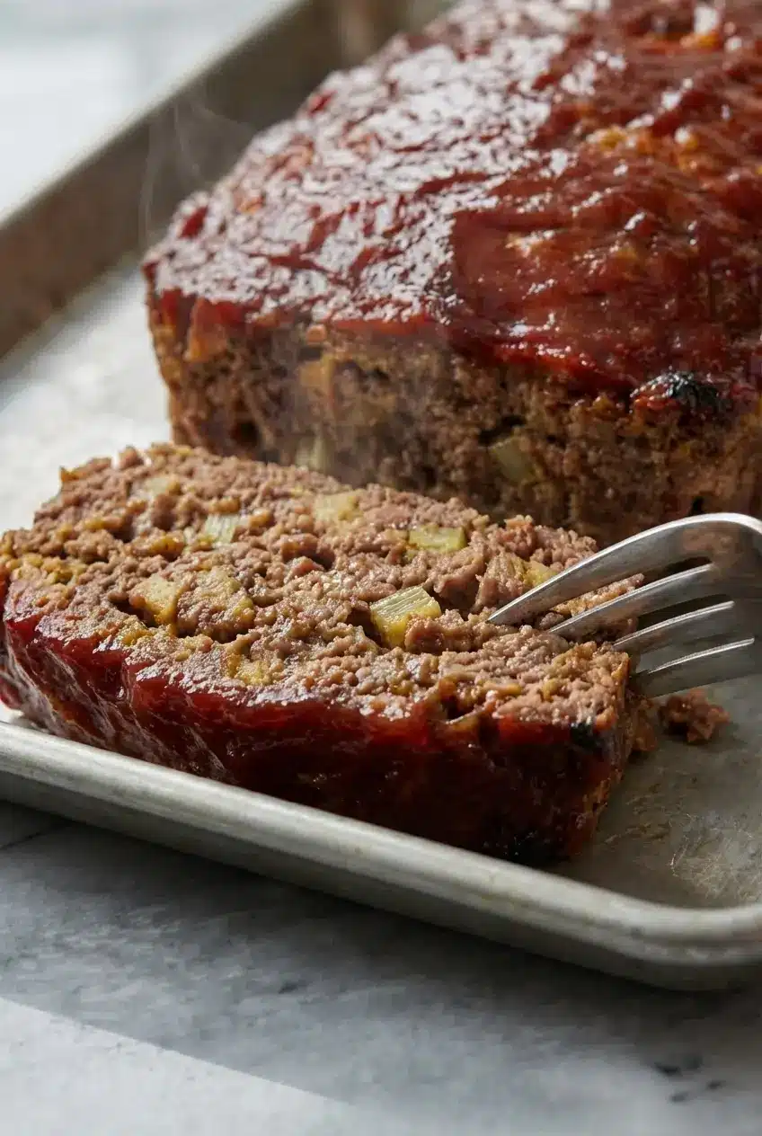 A close-up slice of Stuffing Meatloaf, revealing its incredibly moist and tender texture packed with visible pieces of stuffing.