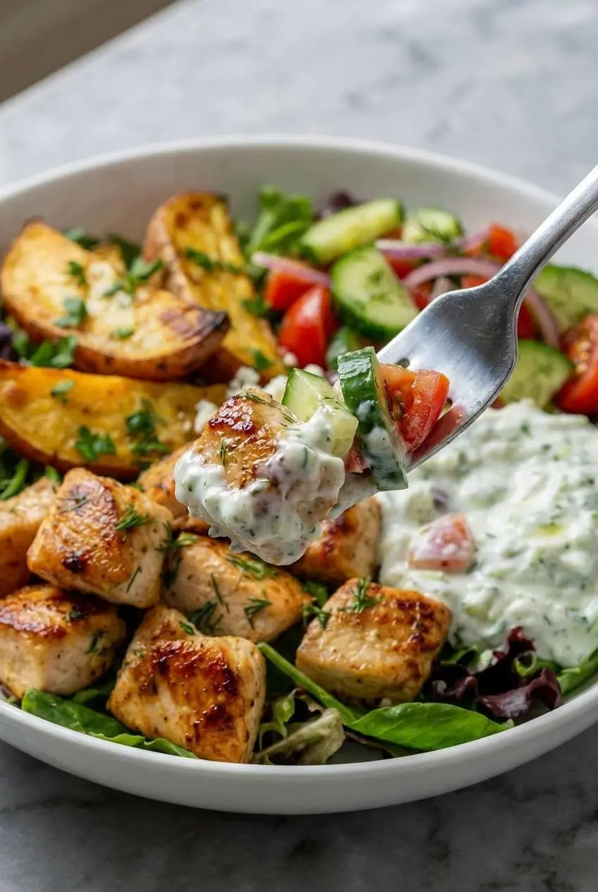 A close-up slice of grilled chicken from a Greek chicken bowl, showing the juicy, tender interior achieved by the yogurt brine.