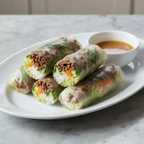 A platter of Thai Basil Beef Spring Rolls Recipe, with savory beef, herbs, and vermicelli visible through the rice paper wrappers.