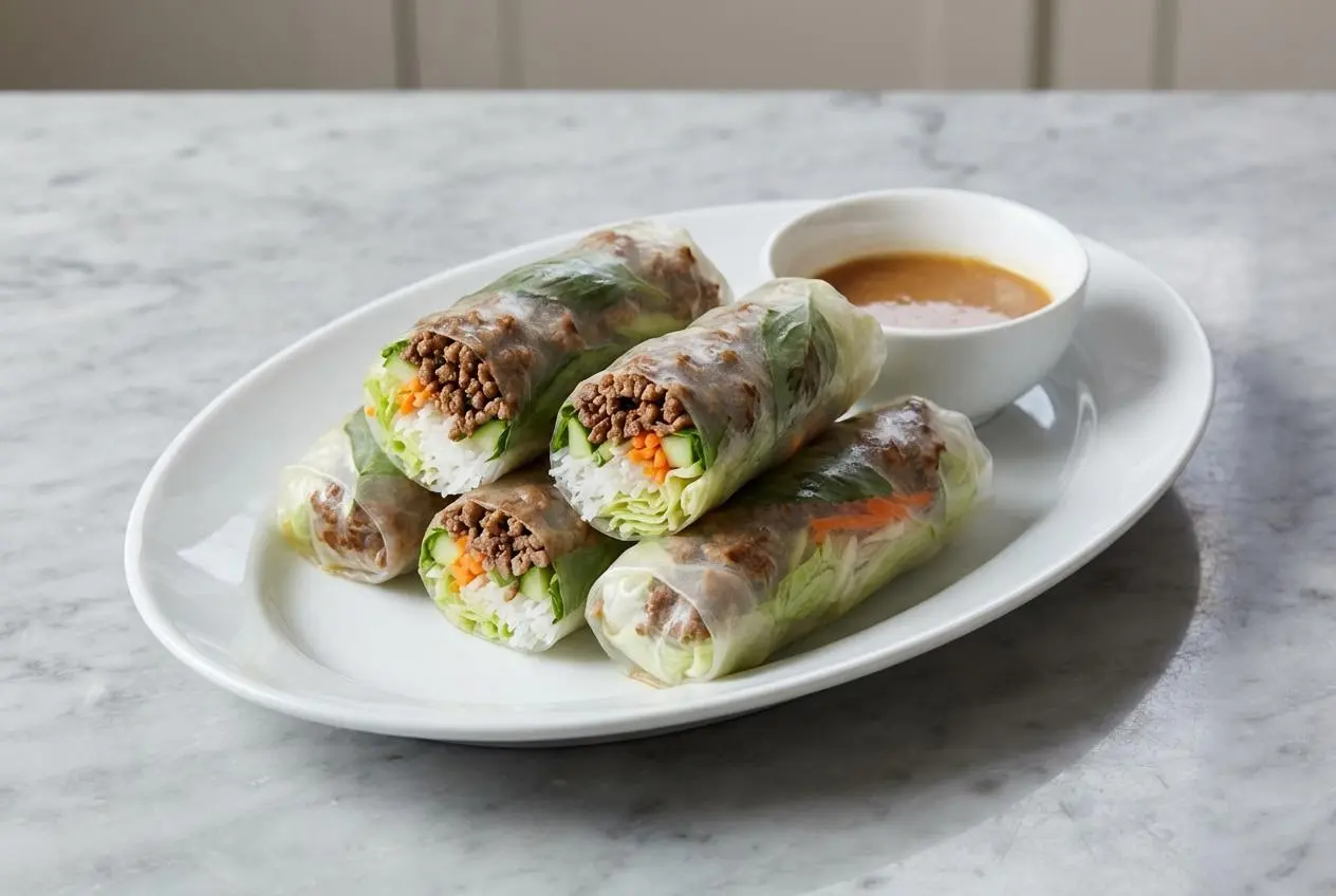 A platter of Thai Basil Beef Spring Rolls Recipe, with savory beef, herbs, and vermicelli visible through the rice paper wrappers.