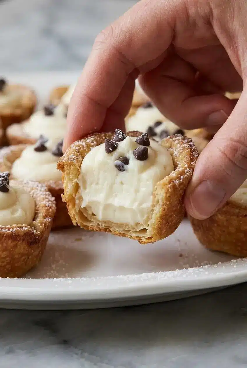 A close-up of the ultra-creamy cannoli filling in a bowl, showing its thick texture before being piped into Mini Cannoli Cups.