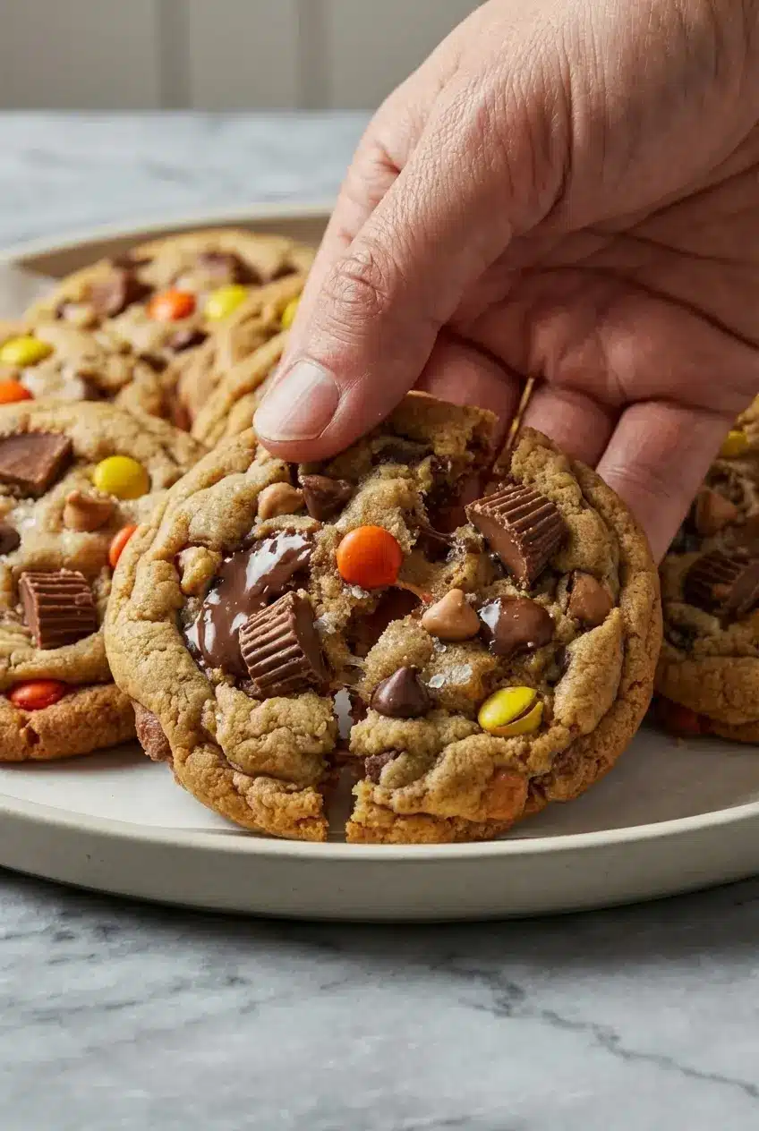 Close-up of a Triple Reese’s Peanut Butter Cookie showing the soft crumb and melted peanut butter cup pieces.