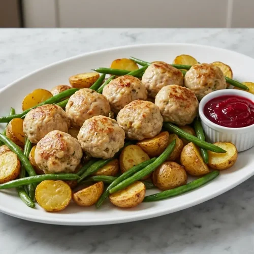 A bowl of golden-brown turkey and stuffing meatballs with sautéed celery and onion, drizzled with gravy and served with cranberry sauce.