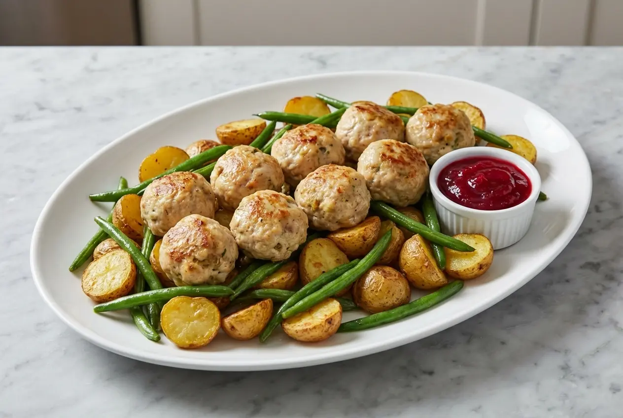 A bowl of golden-brown turkey and stuffing meatballs with sautéed celery and onion, drizzled with gravy and served with cranberry sauce.