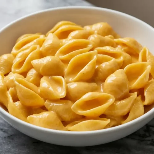 A white bowl filled with creamy Shells and Cheese, featuring an incredibly smooth sauce made with sodium citrate clinging to every pasta.