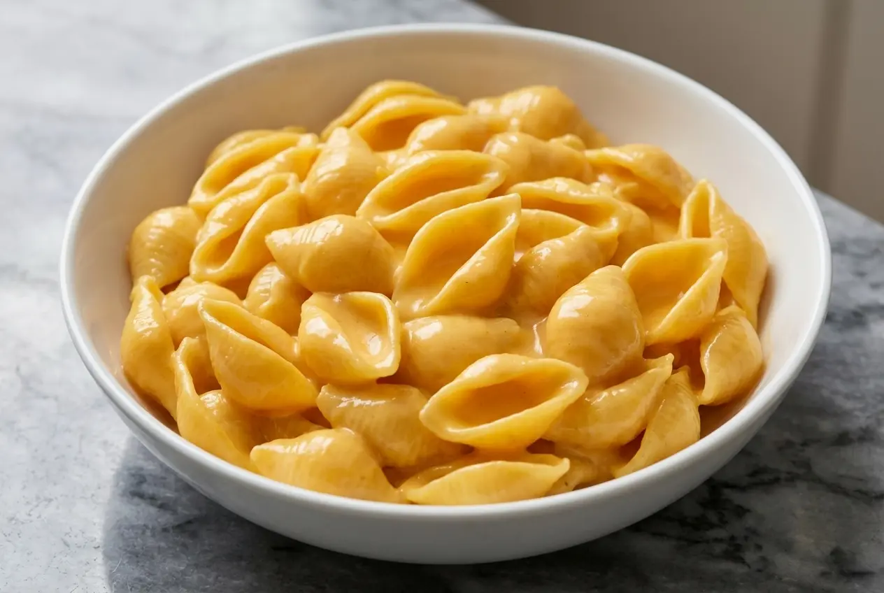 A white bowl filled with creamy Shells and Cheese, featuring an incredibly smooth sauce made with sodium citrate clinging to every pasta.