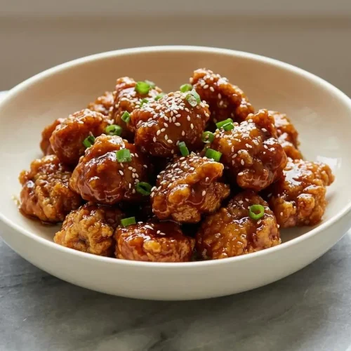 A bowl of crispy, velveted Sesame Chicken Recipe, glazed in a glossy dark sauce and sprinkled with toasted sesame seeds and scallions.