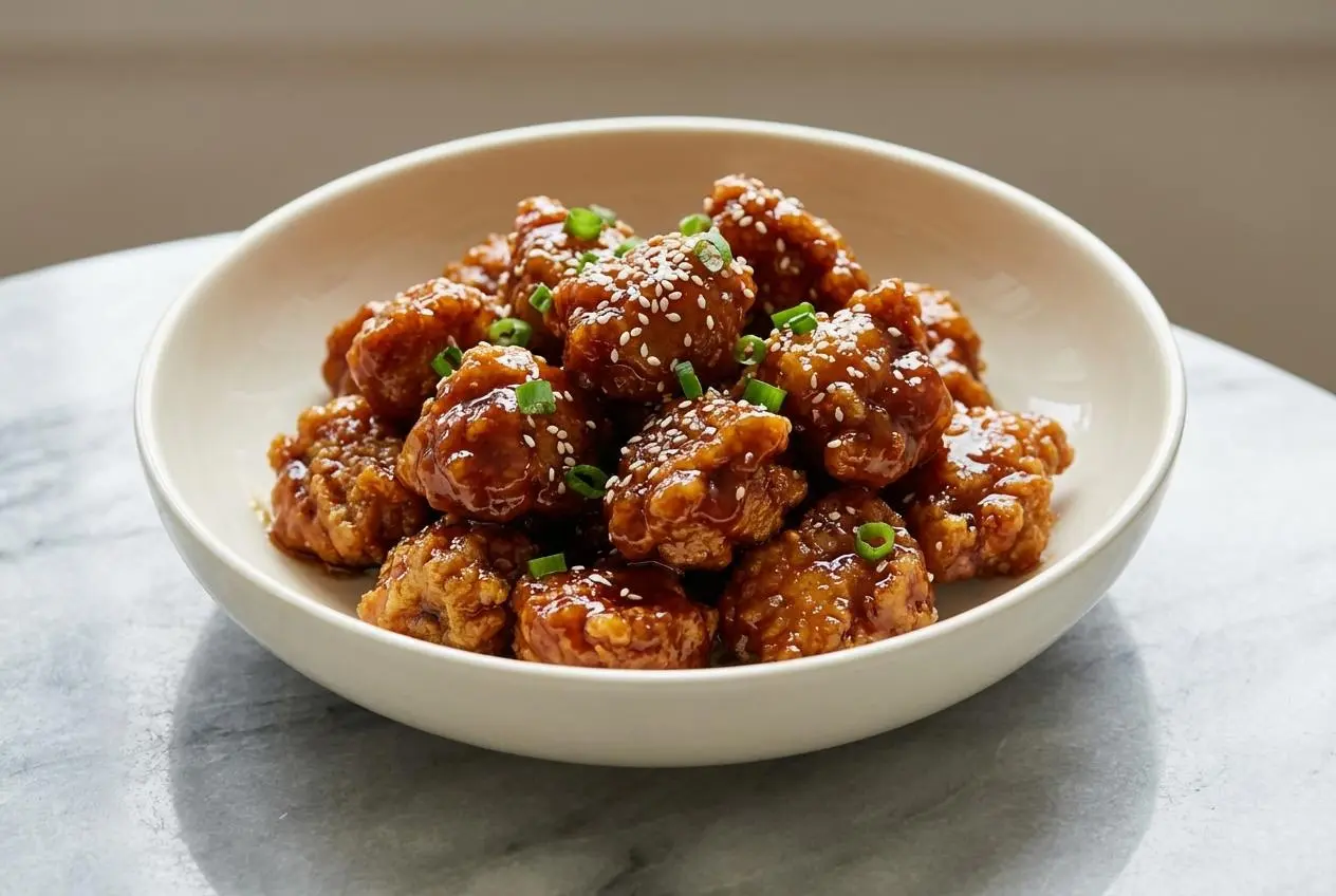 A bowl of crispy, velveted Sesame Chicken Recipe, glazed in a glossy dark sauce and sprinkled with toasted sesame seeds and scallions.