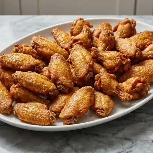 A pile of golden-brown Fried Chicken Wings with a craggy, super crispy crust achieved by adding vodka to the batter.