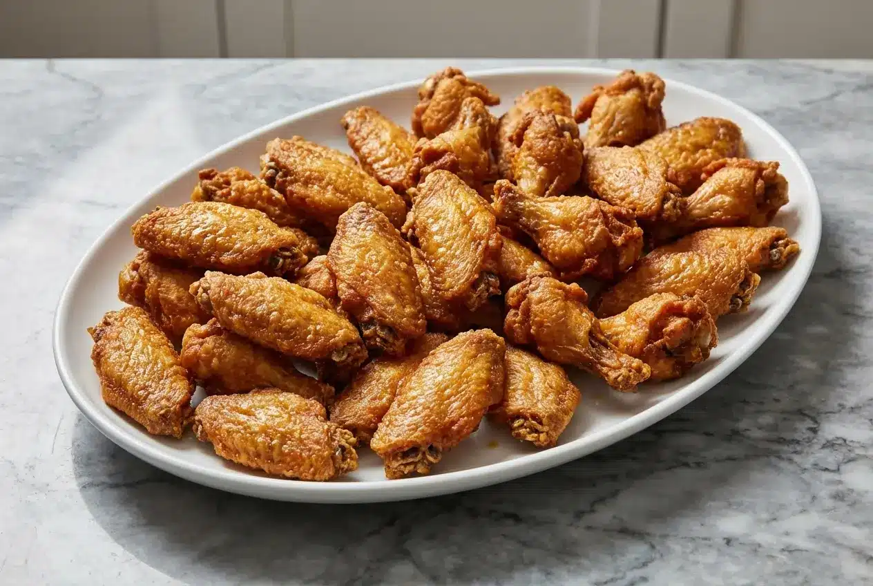 A pile of golden-brown Fried Chicken Wings with a craggy, super crispy crust achieved by adding vodka to the batter.