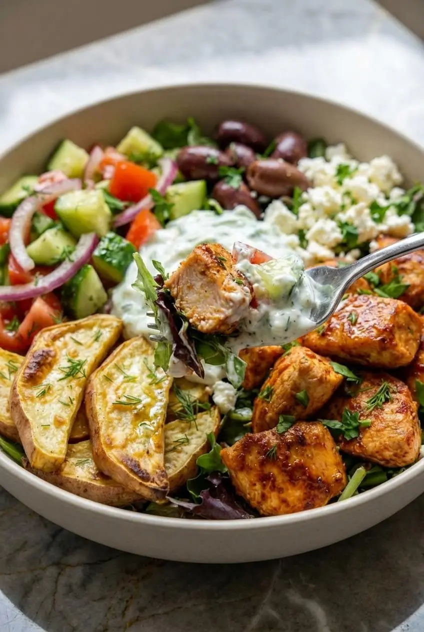 Raw chicken breast pieces on skewers marinating in a creamy, white Greek yogurt sauce inside a glass bowl.