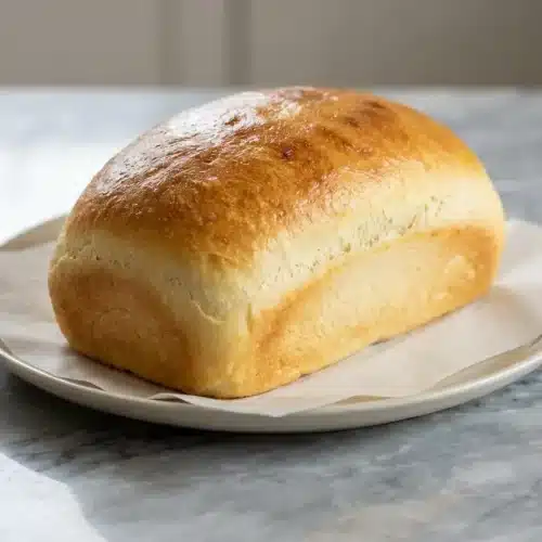 A golden loaf of zero carb yogurt bread with a light, fluffy crumb from whipped egg whites, sliced on a wooden board.